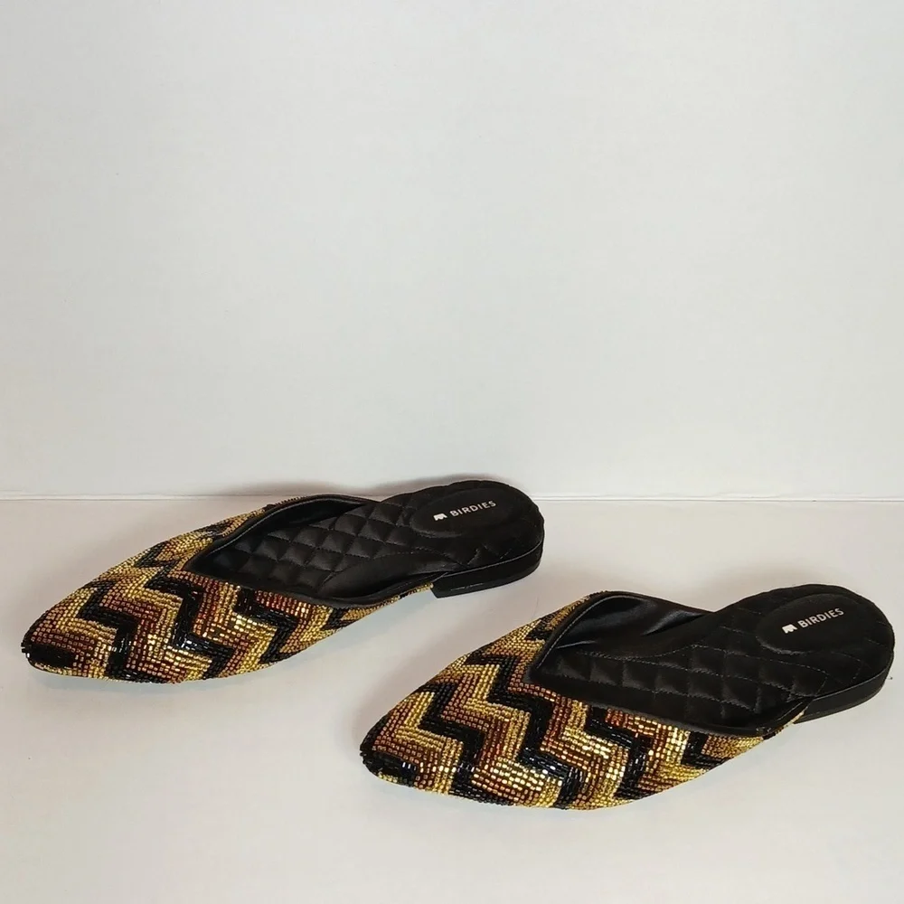 Birdies The Swan Flat Mule Black Gold Deco Beaded Chevron Pointed Toe Size 7.5